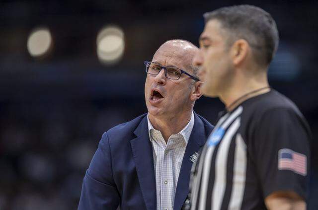 Connecticut coach Danny Hurley argues a call with the official in the first half against Duke on Sunday, March 29, 2026, in the NCAA East Regional Championship, at Capital One Arena in Washington, D.C.