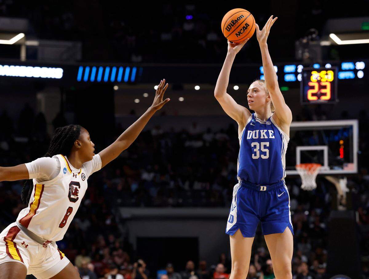 Duke’s Toby Fournier shoots over South Carolina’s Joyce Edwards during the first half of the Blue Devils’ NCAA Tournament Elite Eight matchup at Legacy Arena on Sunday, March 30, 2025, in Birmingham, Ala.