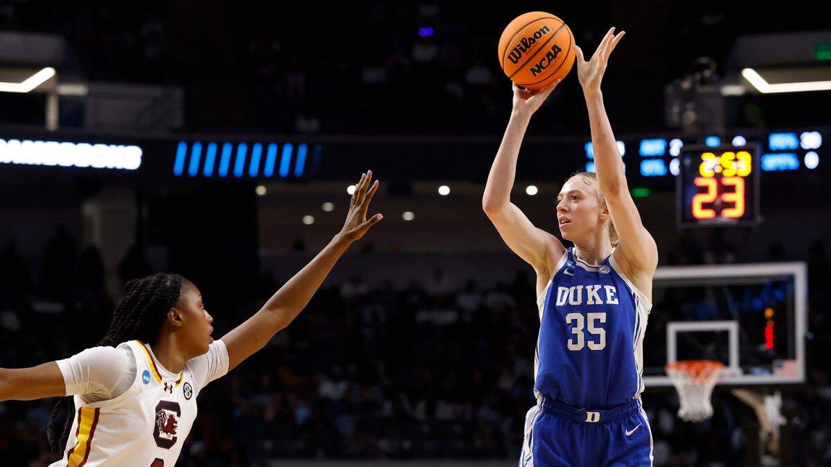 Duke’s Toby Fournier shoots over South Carolina’s Joyce Edwards during the first half of the Blue Devils’ NCAA Tournament Elite Eight matchup at Legacy Arena on Sunday, March 30, 2025, in Birmingham, Ala.