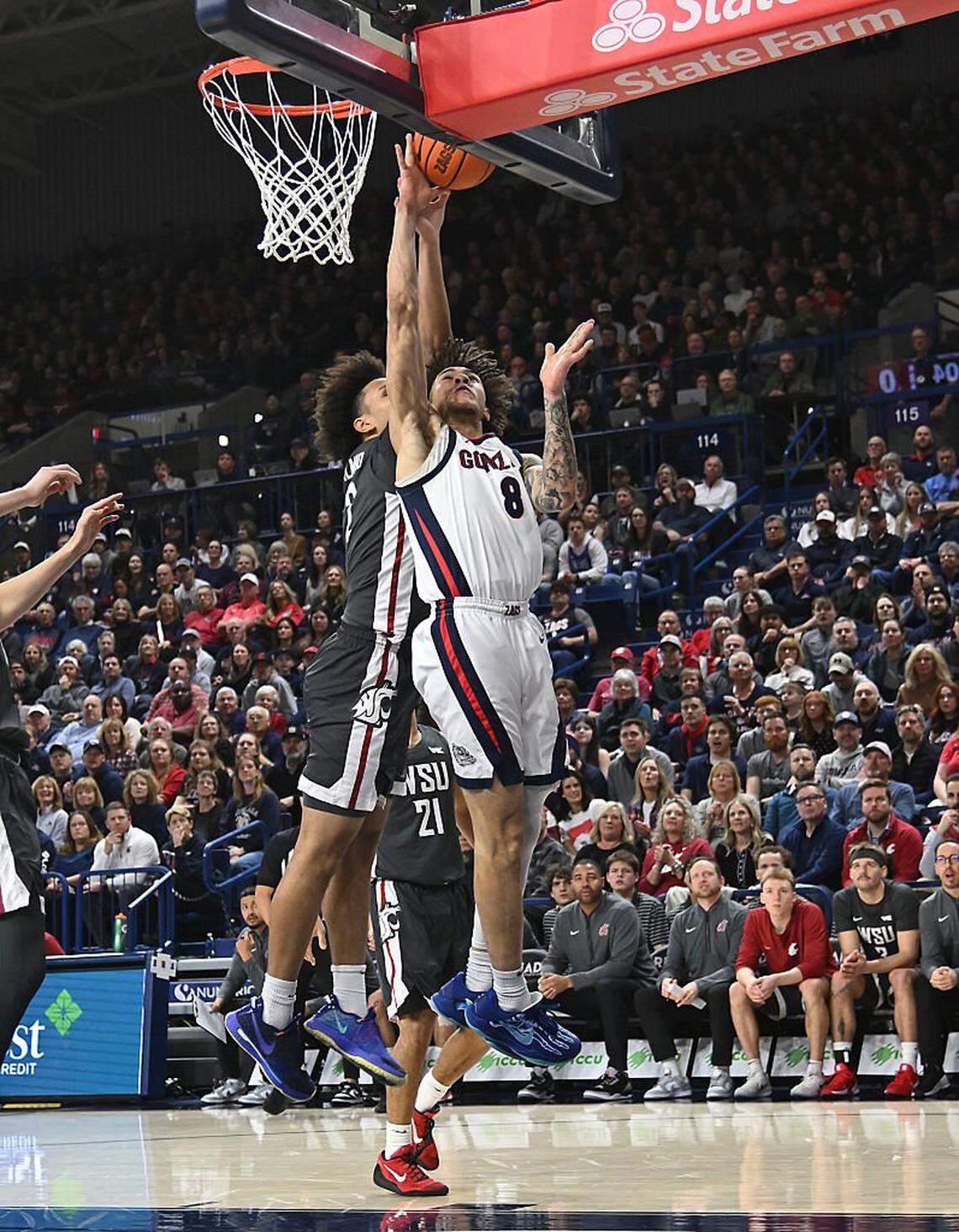SPOKANE, WASHINGTON - FWBRARY 10: Eemeli Yalaho #2 of the Washington State Cougars blocks this shot by Jalen Warley #8 of the Gonzaga Bulldogs during the first half at McCarthey Athletic Center on Feburary 10, 2026 in Spokane, Washington. (Photo by Robert Johnson/Getty Images)