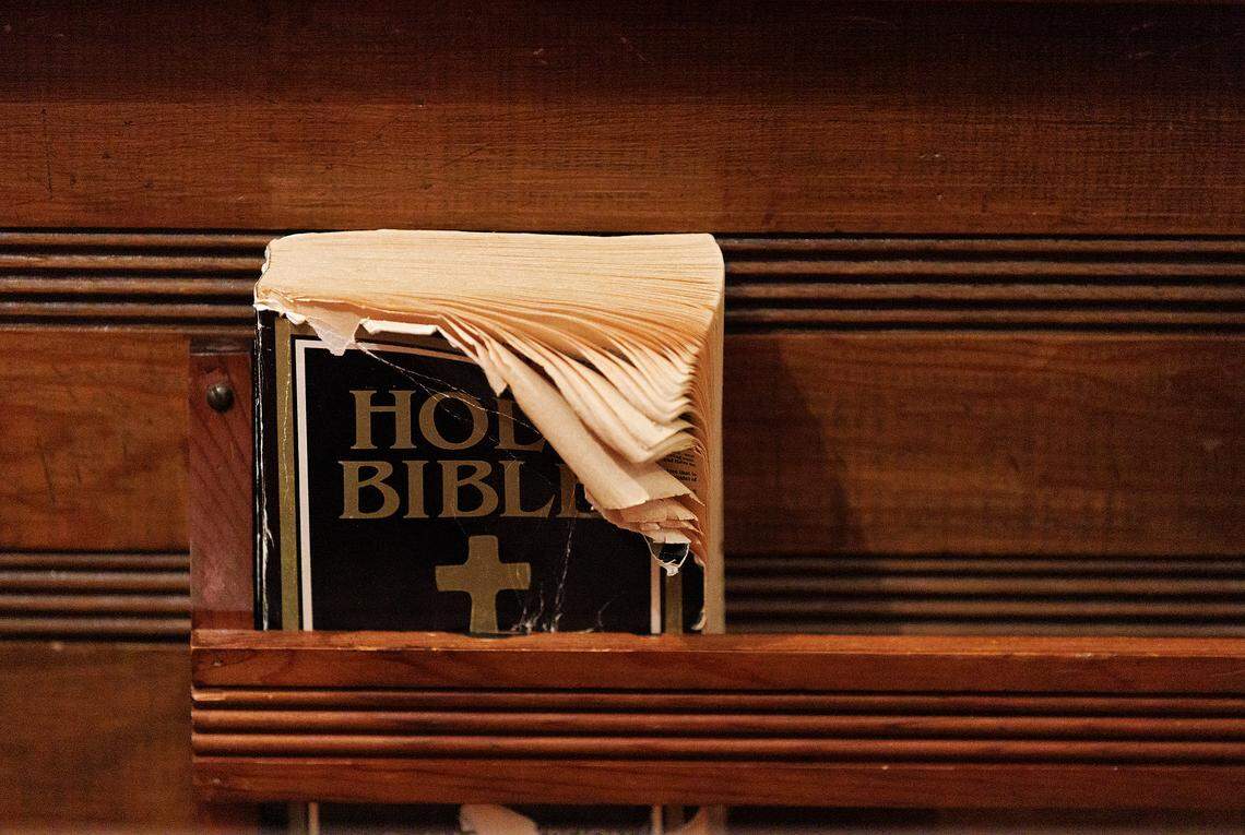 A Bible rests in a pew during a service at Dickerson Chapel AME Church on Sunday, April 21, 2024, in Hillsborough, N.C.