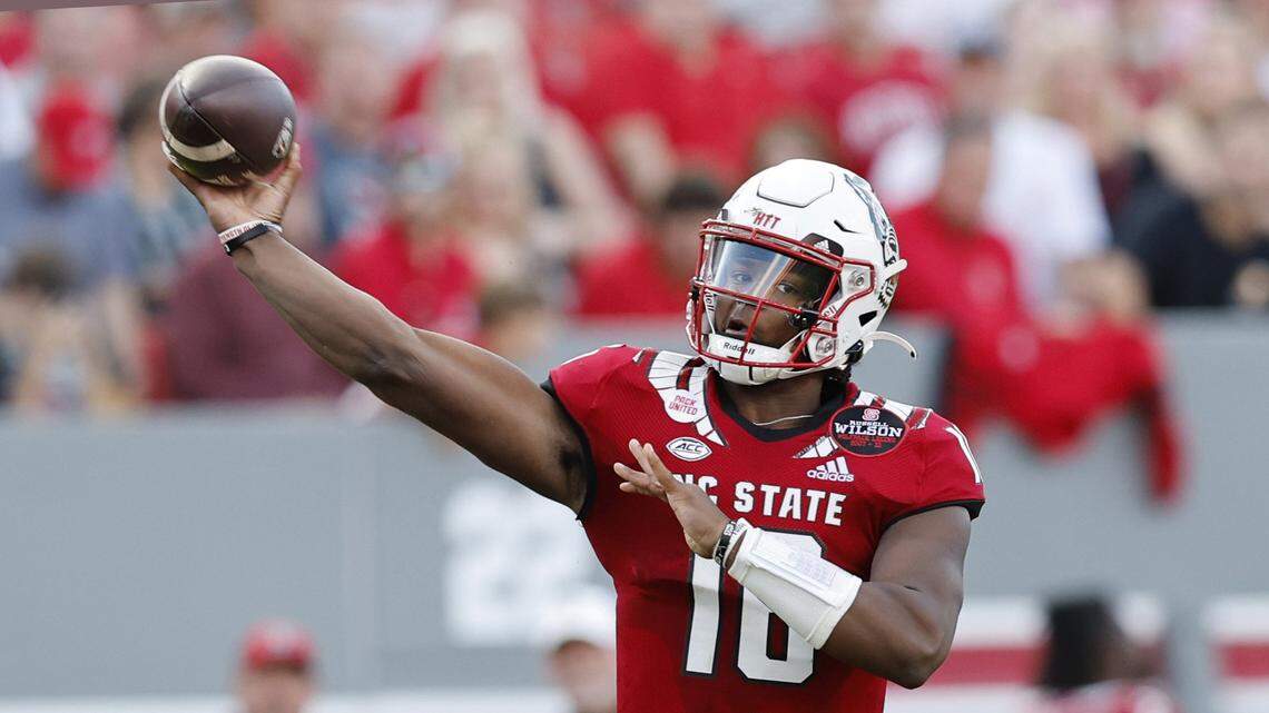 N.C. State quarterback MJ Morris (16) passes during the first half of N.C. State’s game against Boston College at Carter-Finley Stadium in Raleigh, N.C., Saturday, Nov. 12, 2022.