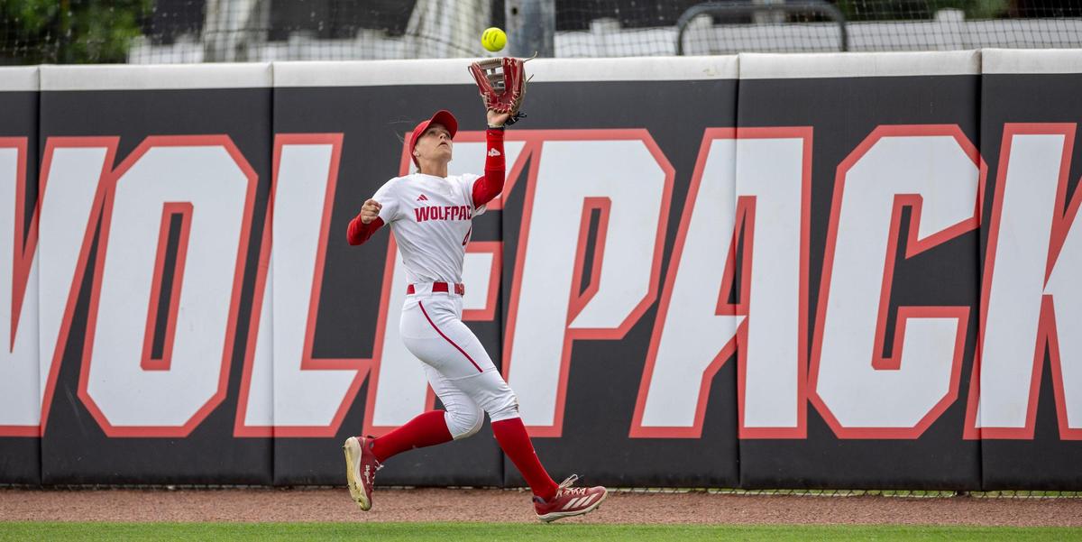 N.C. State outfielder Tori Ensley (4) fields a fly ball by Duke’s Kairi Rodriguez for an out in the first inning on Friday, April 25, 2025 at Dail Softball Stadium in Raleigh, N.C.