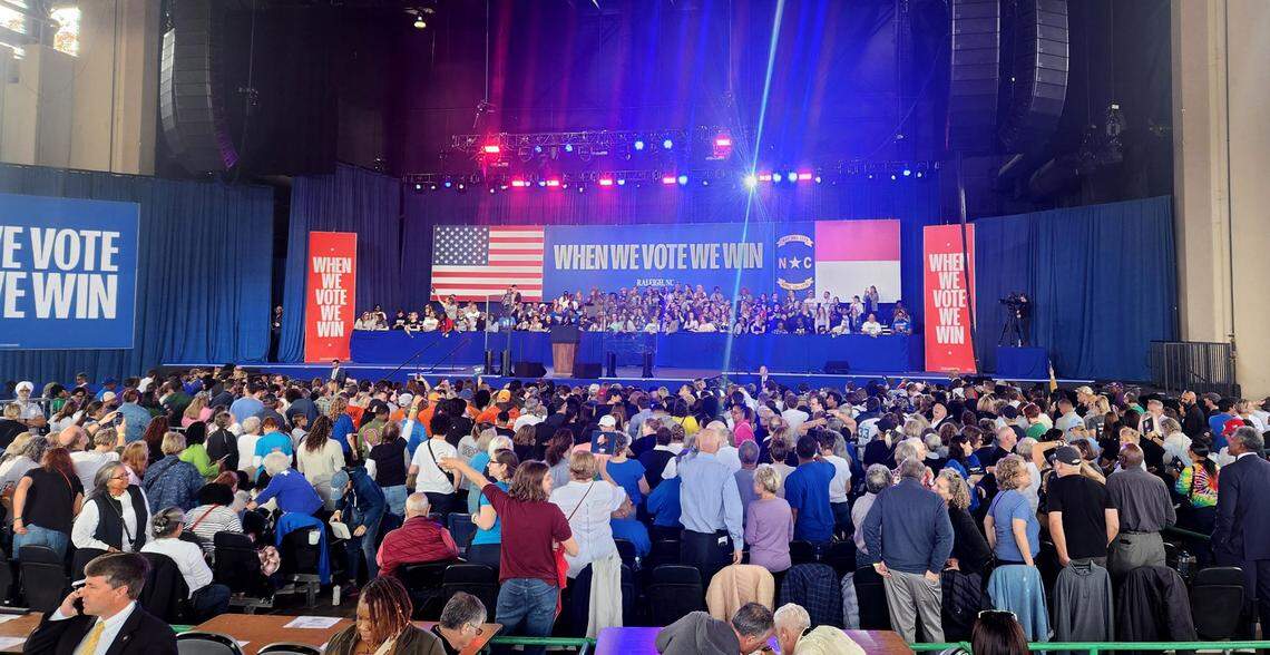 Crowds gather at Coastal Credit Union Music Park at Walnut Creek in Raleigh where Vice President Kamala Harris is expected to speak at 12:30 p.m. Wednesday, Oct. 30, 2024.