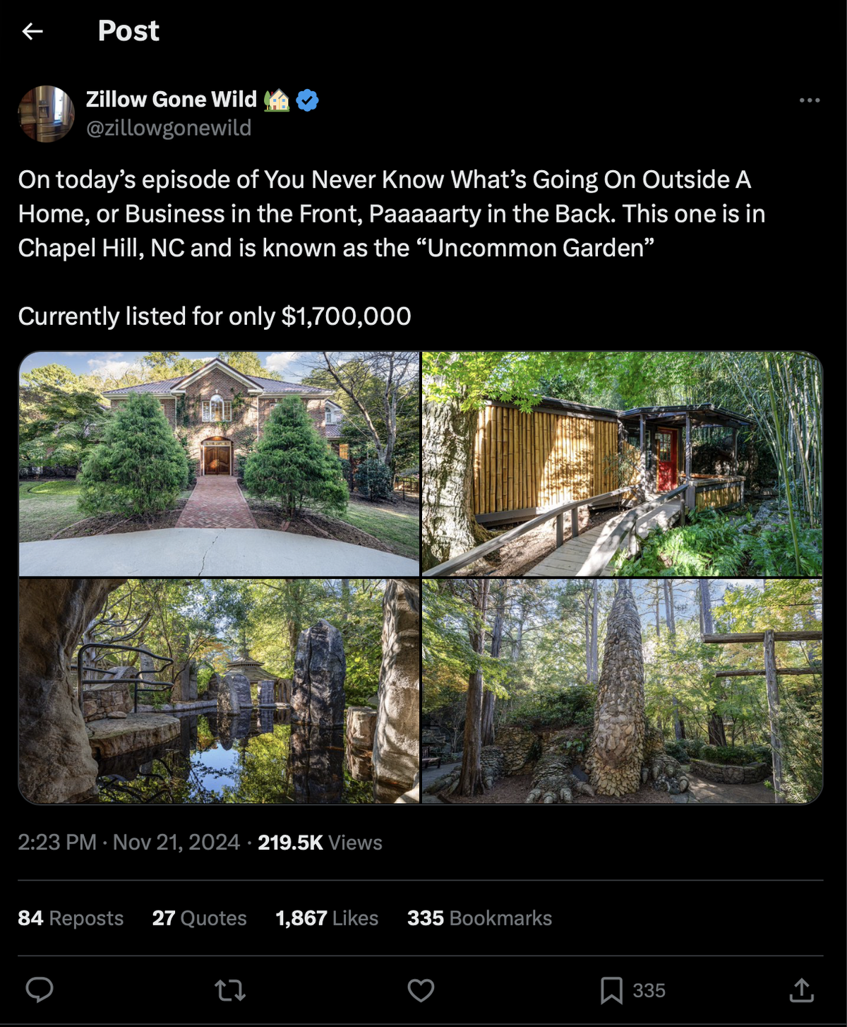 A Chapel Hill home recently featured on Zillow Gone Wild’s X account.
