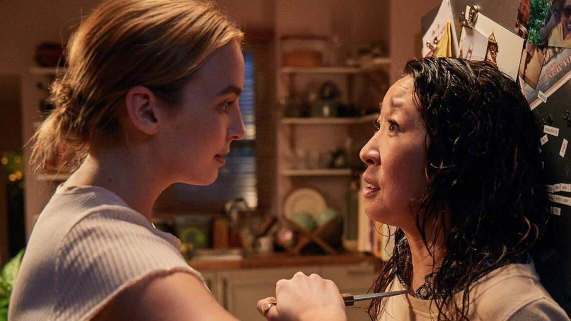 Jodie Comer, left, as Villanelle, and Sandra Oh as Eve in the BBC America thriller "Killing Eve."