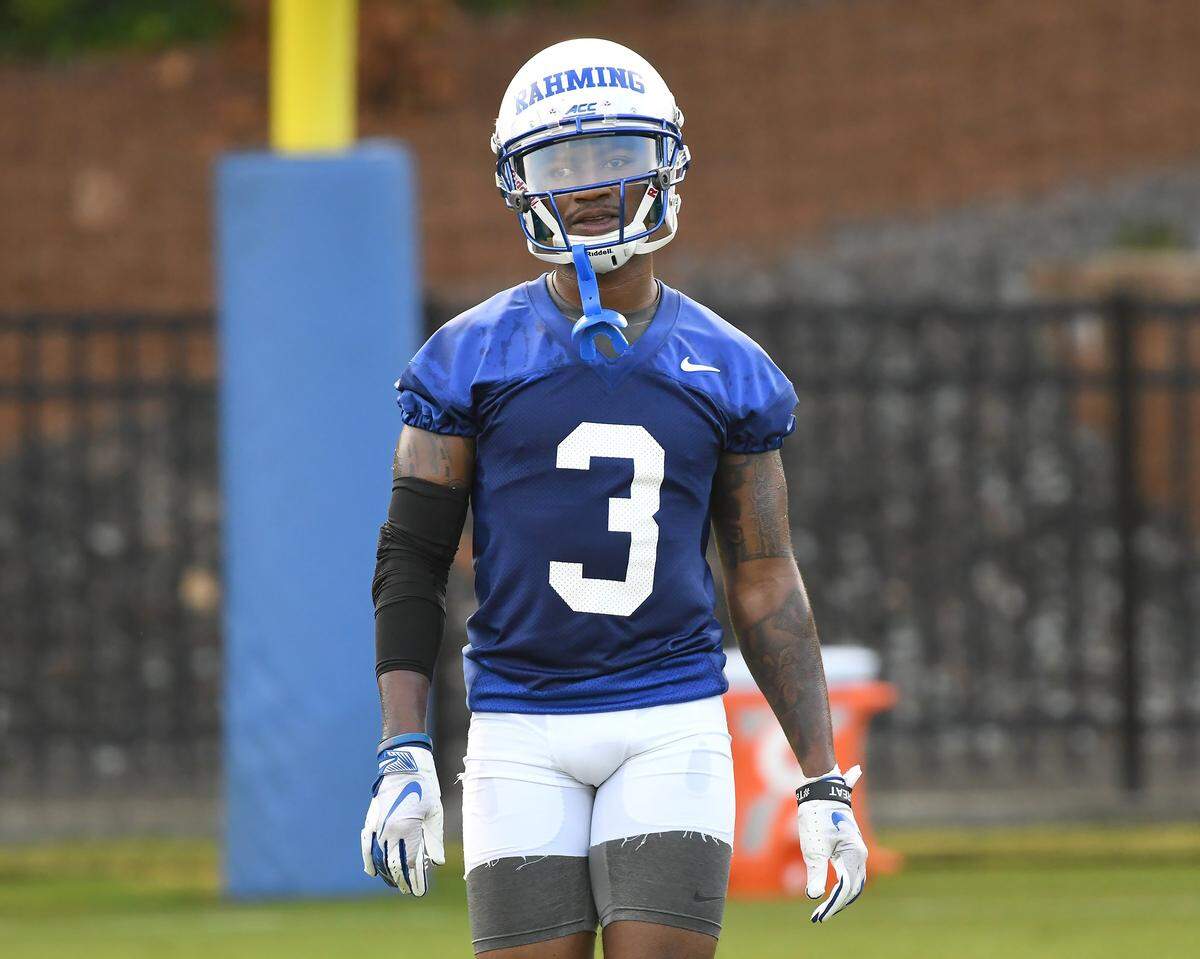 Duke wide receiver T.J. Rahming (3) heads back to a huddle on the first day of practice Thursday, August, 2, 2018 in Durham, N.C.