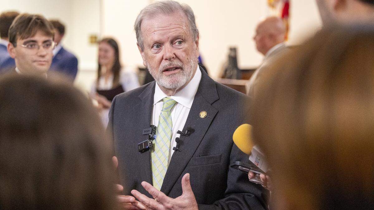 Senate leader Phil Berger answers questions from reporters after the North Carolina Senate passed a mini-budget bill Tuesday, July 29, 2025, at the General Assembly. The bill will be sent to Gov. Josh Stein’s desk once it clears the House.