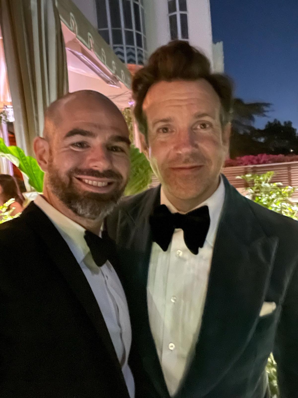 Kip Kroeger (left) with “Ted Lasso” star and creator Jason Sudeikis (right) at the 73rd Primetime Emmy Awards ceremony at Microsoft Theater in Los Angeles, California on September 19, 2021. Kroeger, a 2004 alum of N.C. State University, is a supervising post-production producer on the show, which won seven Emmy Awards.