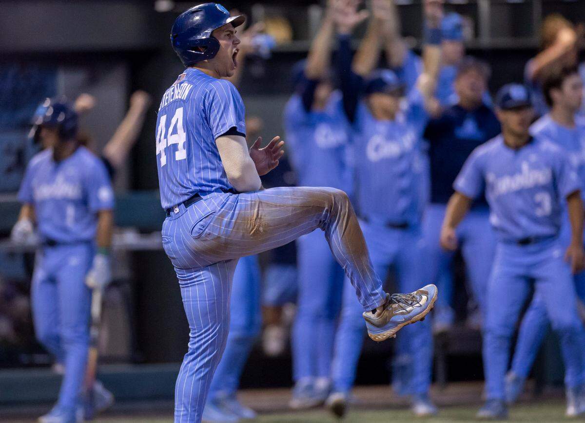 North Carolina catcher Luke Stevenson (44) reacts after scoring on a double by Gavin Gallaher in the fifth inning to give the Tar Heels a 3-2 lead against Oklahoma during Game 6 of the NCAA Chapel Hill Regional on Sunday, June 1, 2025 at Boshamer Stadium in Chapel Hill, N.C.