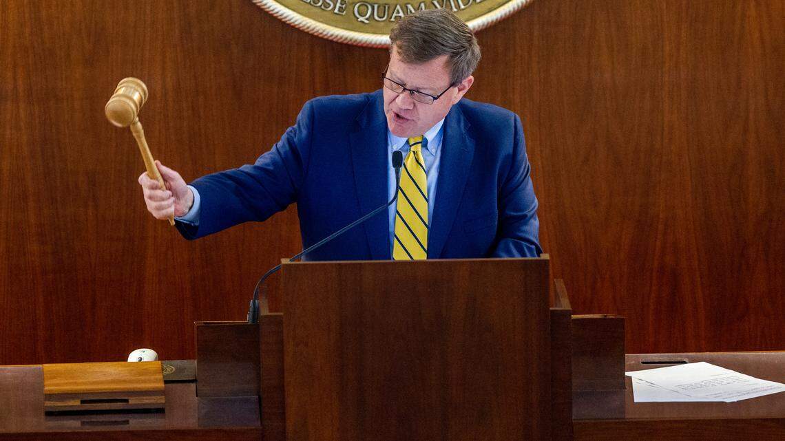 House Speaker Tim Moore gavels out a session in the House Chamber at the Legislative Building Monday, May 18, 2020.