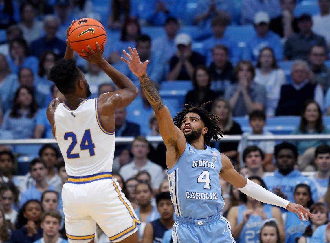 North Carolina’s RJ Davis pressures UC Riverside’s Barrington Hargress during the first half of the Tar Heels’ 77-52 win on Friday, Nov. 17, 2023, at the Smith Center in Chapel Hill, N.C.