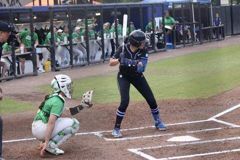 Duke catcher Gabriella Shadek bats during the Blue Devils’ NCAA Tournament regional game against Marshall at Smith Family Stadium in Durham, North Carolina, on May 16, 2026.