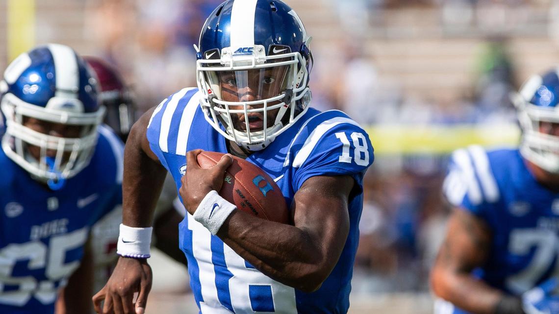 Duke quarterback Quentin Harris (18) carries the ball for a touchdown during the first half of an NCAA college football game against North Carolina Central in Durham, N.C., Saturday, Sept. 22, 2018. (AP Photo/Ben McKeown)