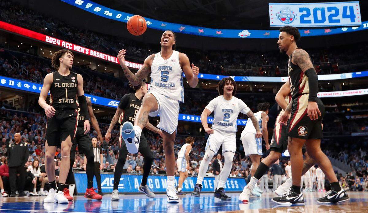 North Carolina’s Armando Bacot (5) celebrates after making the basket during UNC’s 92-67 victory over Florida State in the quarterfinal round of the 2024 ACC Men’s Basketball Tournament at Capital One Arena in Washington, D.C., Thursday, March 14, 2024.