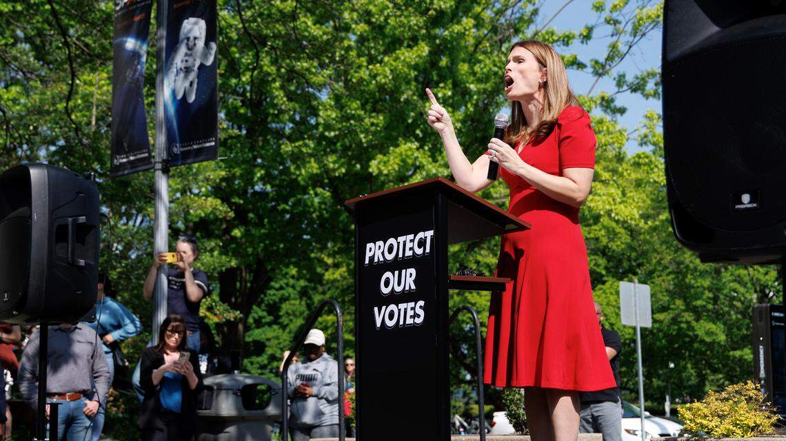 North Carolina Supreme Court Justice Allison Riggs, the Democratic incumbent in November’s election, speaks to supporters during a rally on Monday, April 14, 2025, in Raleigh, N.C. The event protested Republican state Supreme Court candidate Jefferson Griffin’s challenge of 65,000 votes in the election.