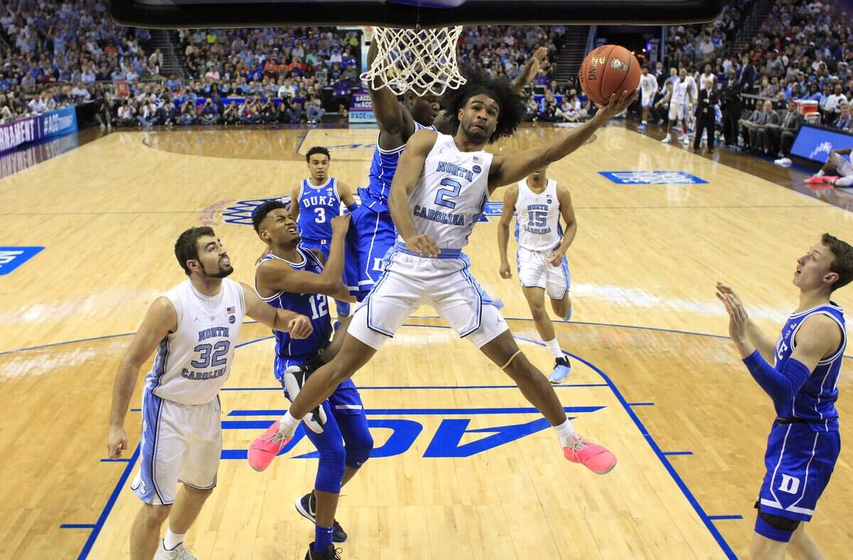 North Carolina’s Coby White (2) shoots in the first half during Duke’s 74-73 victory over UNC in the semifinals of the 2019 ACC Tournament in Charlotte, N.C., Friday, March 15, 2019.