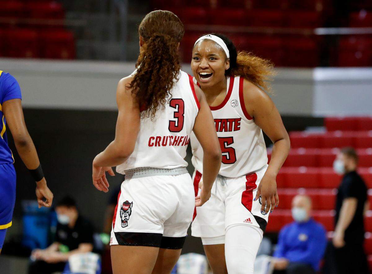N.C. State’s Kayla Jones (25) celebrates with Kai Crutchfield (3) during the second half of N.C. State’s 83-53 victory over Pittsburgh at Reynolds Coliseum in Raleigh, N.C., Thursday, February 25, 2021.