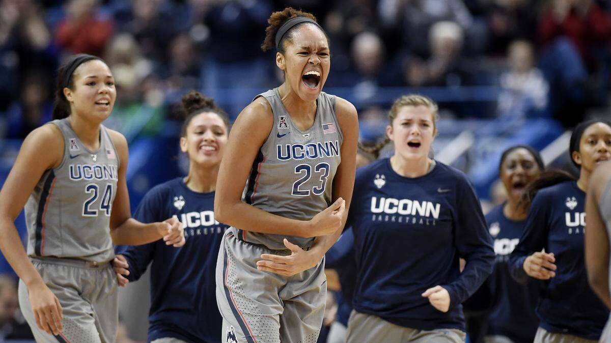 Connecticut's Azura Stevens, center, reacts during the Huskies' game against Notre Dame on Dec. 3. Stevens will play her former team, Duke, in the Sweet 16 on Saturday.