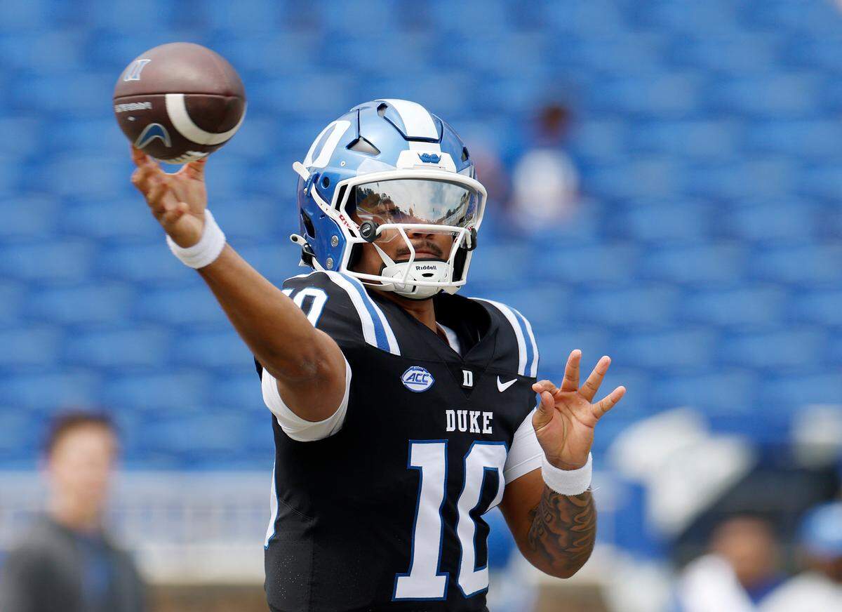 Duke quarterback Darian Mensah looks to pass during the Blue & White Game on Saturday, April 19, 2025, at Wallace Wade Stadium in Durham, N.C.