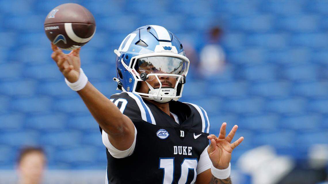 Duke quarterback Darian Mensah looks to pass during the Blue & White Game on Saturday, April 19, 2025, at Wallace Wade Stadium in Durham, N.C.