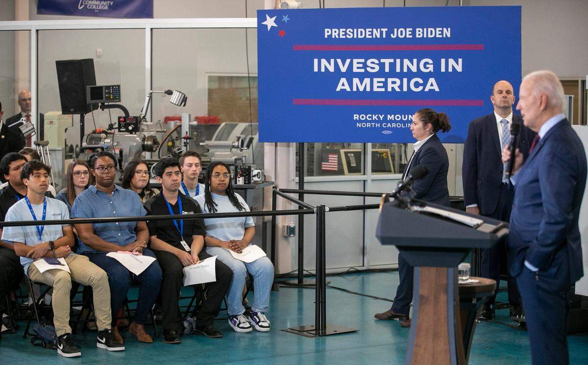 Students at Nash Community College have a front row seat for President Joe Biden as he makes remarks on Friday, June 9, 2023 in Rocky Mount, N.C. Biden highlighted the workforce training programs offered by the school, funded by his American Rescue Plan.
