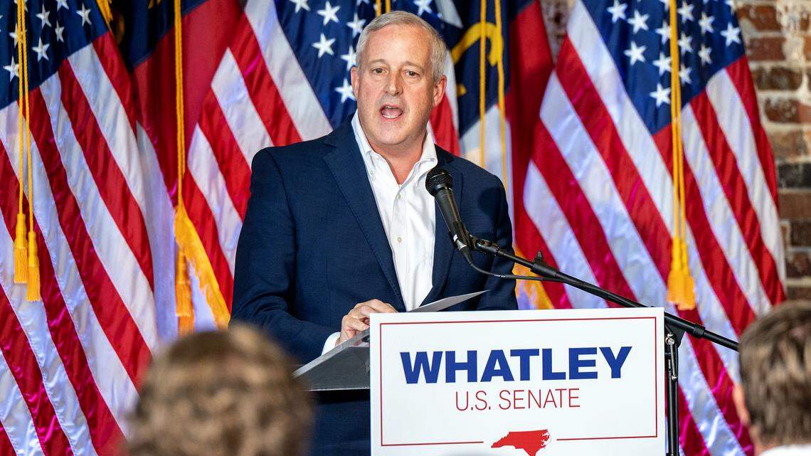 Michael Whatley, Republican leader, announces his candidacy to run for U.S. Senate as the Republican candidate against former Gov. Roy Cooperat at Loray Mill-The Taproom in Gastonia, NC, Thursday July 31, 2025. Not wearing a tie.