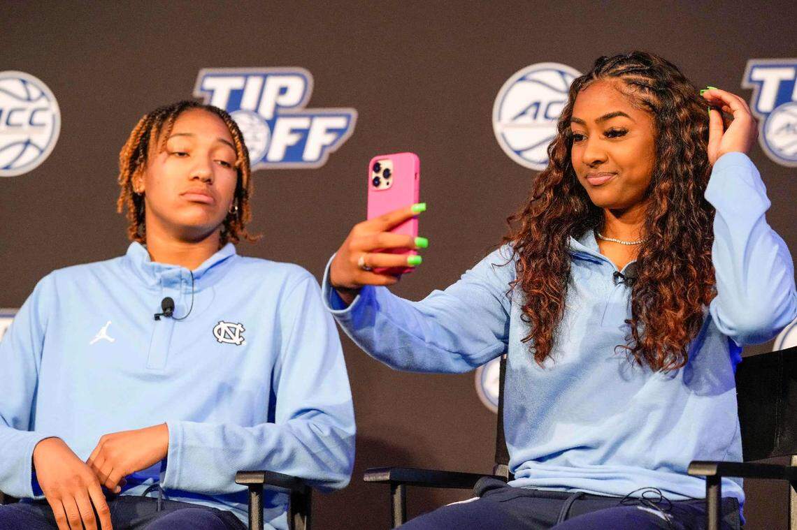 North Carolina player Kennedy Todd-Williams and Deja Kelly during the ACC Womens Basketball Tip-Off in Charlotte, NC.