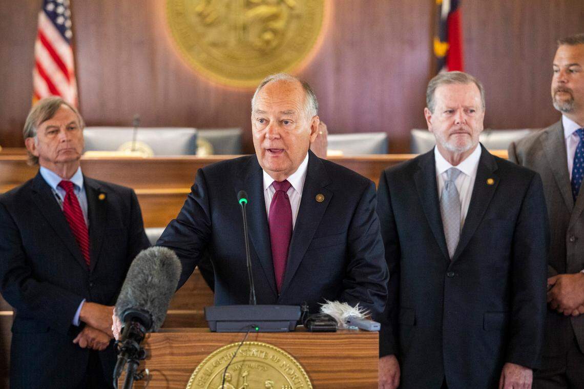 Sen. Brent Jackson speaks during a press conference outlining the state budget Monday, June 21, 2021 at the North Carolina Legislative Building. The budget includes tax cuts, raises and bonuses.