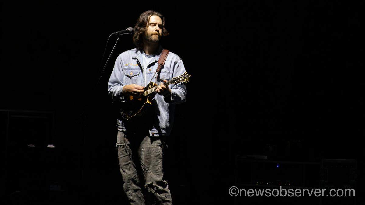 Mandolin player Jarrod Walker picks on “Seven Weeks In County”, Thursday, April 17, 2025, Koka Booth Amphitheater, Cary, N.C.