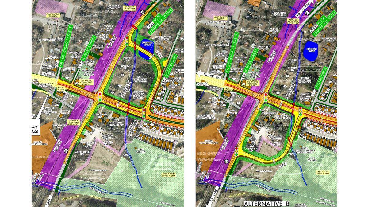 The N.C. Department of Transportation’s plans for widening Aviation Parkway include two options for loop roads that would eliminate left turns at the intersection with N.C. 54. Drivers wishing to make a left turn would use the loop road.