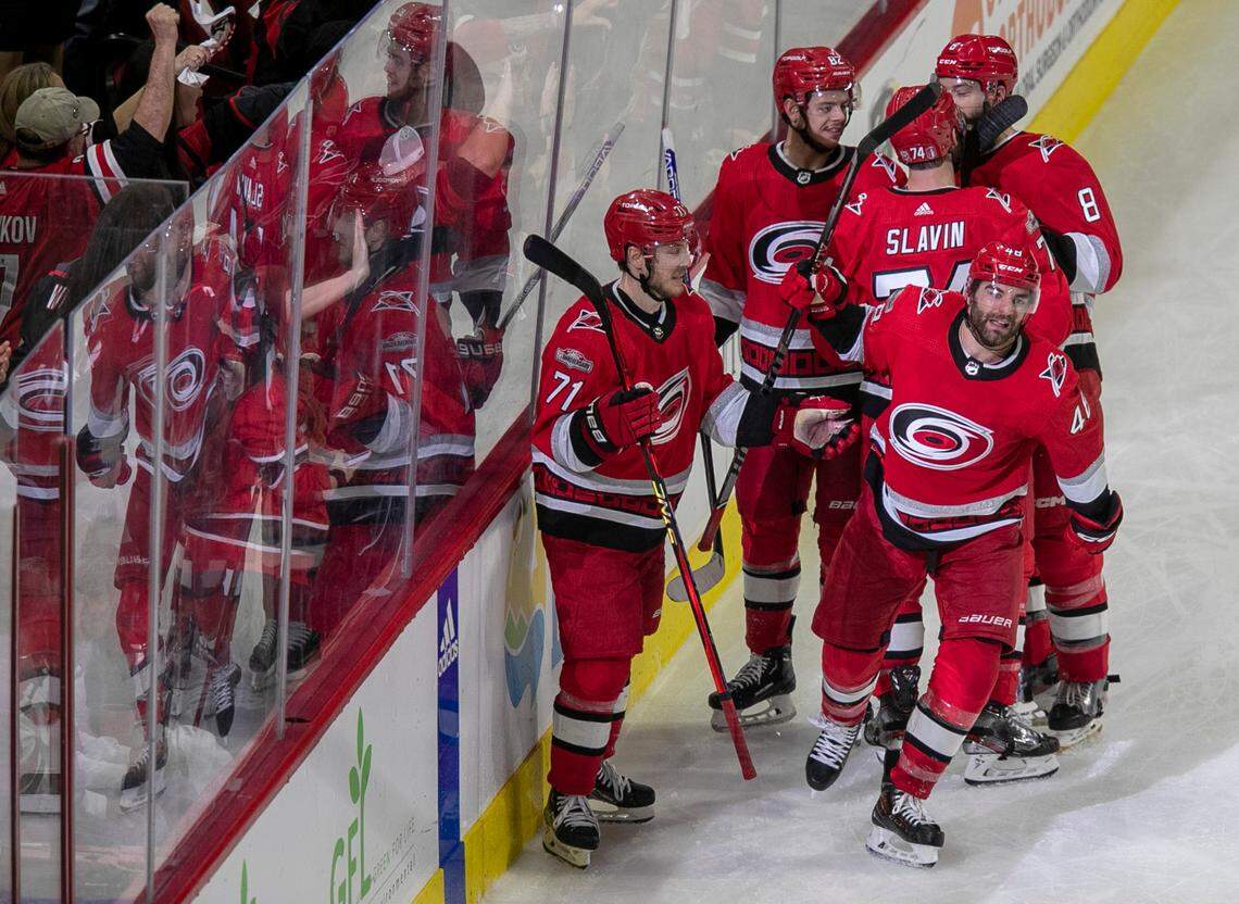 The Carolina Hurricanes Jordan Martinook (48) reacts after scoring to take a 5-1 lead over the New Jersey Devils in the third period during Game 2 of their second round Stanley Cup playoff series on Friday, May 5, 2023 at PNC Arena in Raleigh, N.C.