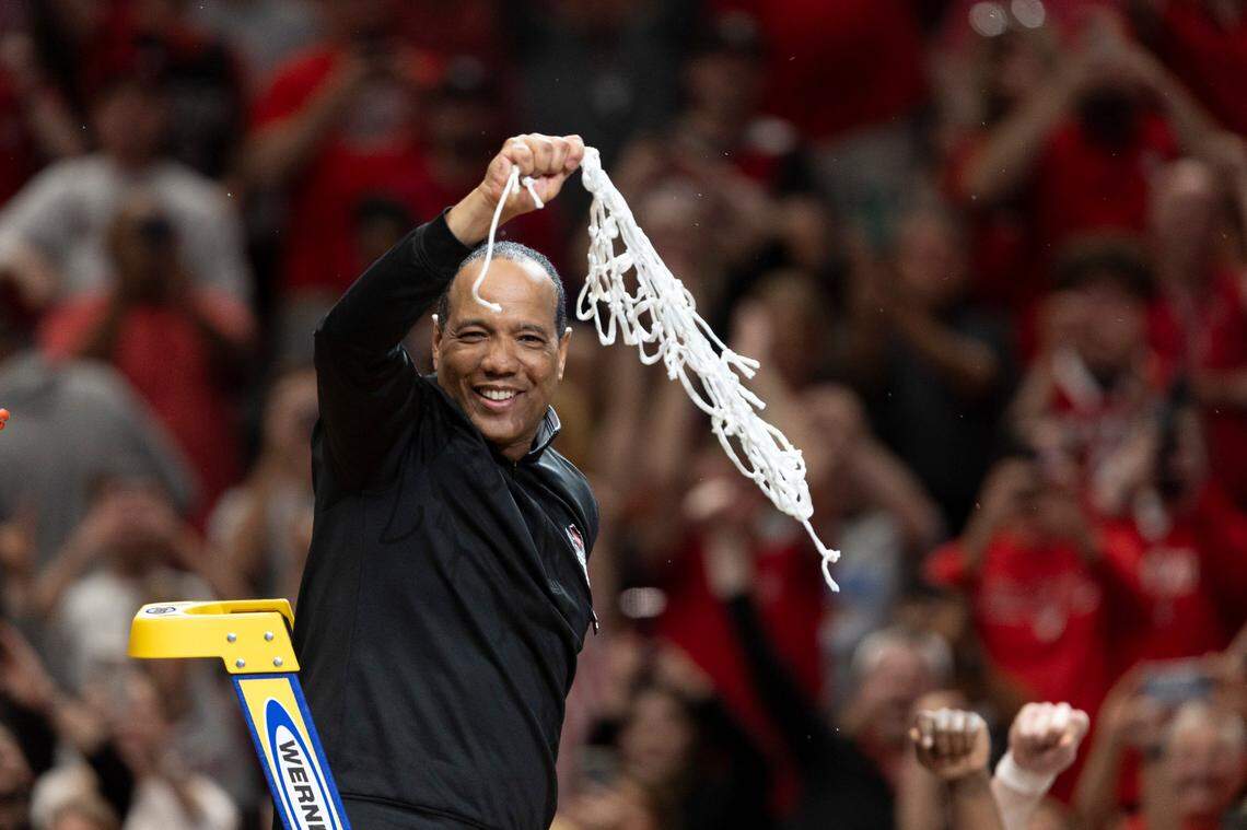 N.C. State coach Kevin Keatts celebrates the Wolfpack’s 76-64 victory over Duke, clinching the NCAA South Regional final and securing a spot in the Final Four on Sunday, March 31, 2024 at the American Airlines Center in Dallas, Texas.
