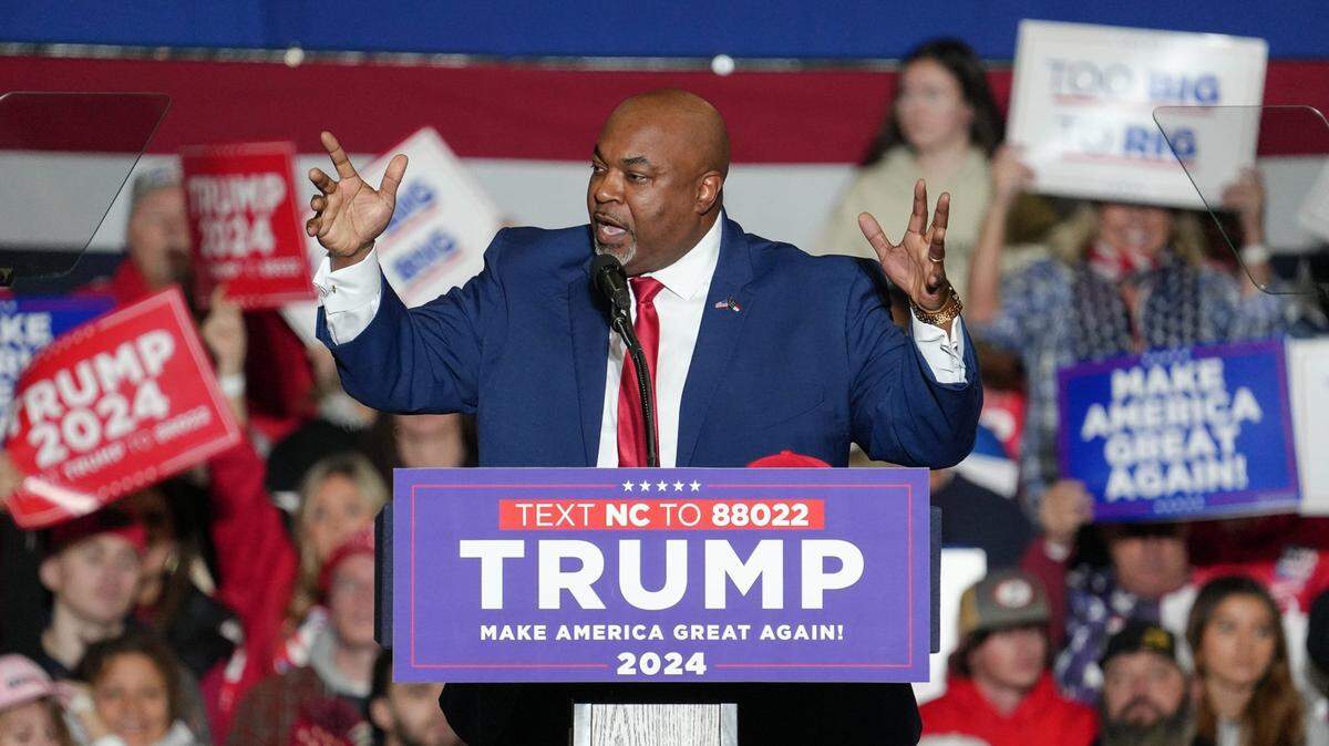 North Carolina Lieutenant Governor Mark Robinson speaks during a rally for Republican presidential candidate Donald Trump on March 2, 2024 in Greensboro, N.C.