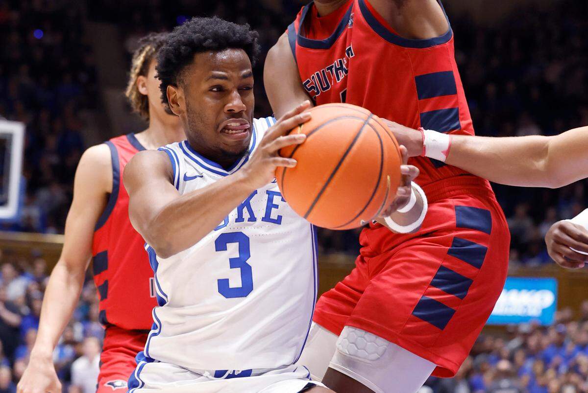 Duke’s Jeremy Roach (3) drives around Southern Indiana’s Nolan Causwell (4) during the first half of Duke’s game against Southern Indiana at Cameron Indoor Stadium in Durham, N.C., Friday, Nov. 24, 2023.