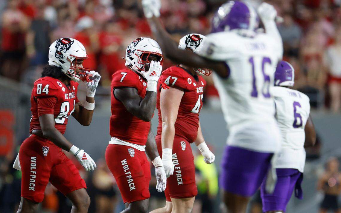 N.C. State running back Jordan Waters (7) heads back to the sideline after being stopped on 4th and one during the first half of N.C. State’s game against Western Carolina at Carter-Finley Stadium in Raleigh, N.C., Thursday, August 29, 2024.