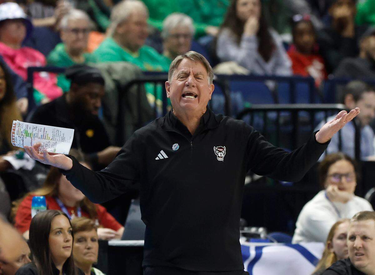 N.C. State head coach Wes Moore reacts during the first half of the Wolfpack’s ACC Tournament quarterfinal game against Georgia Tech on Friday, March 7, 2025, at First Horizon Coliseum in Greensboro, N.C.