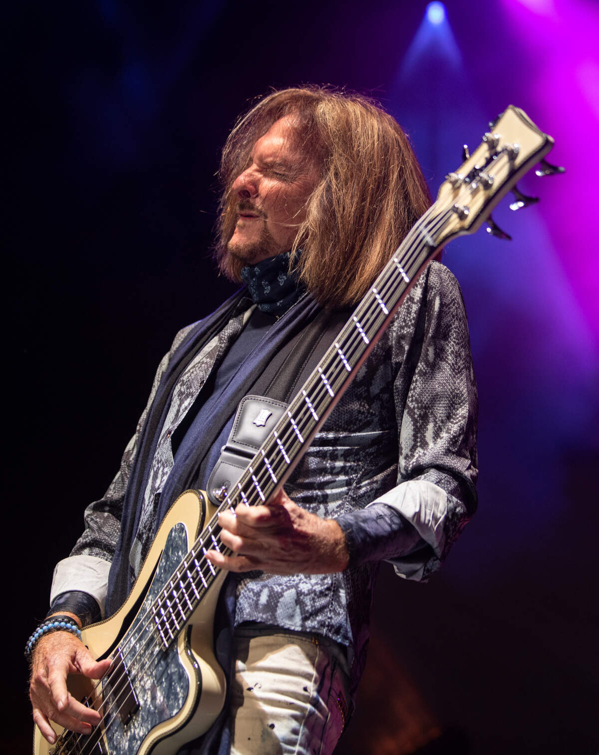 Styx bass player Ricky Phillips in concert with at Raleigh, N.C.’s Coastal Credit Union Music Pavilion at Walnut Creek, Wednesday night, Aug. 10, 2022. Styx bass player Ricky Phillips in concert with Loverboy at Raleigh, N.C.’s Coastal Credit Union Music Pavilion at Walnut Creek, Wednesday night, Aug. 10, 2022.