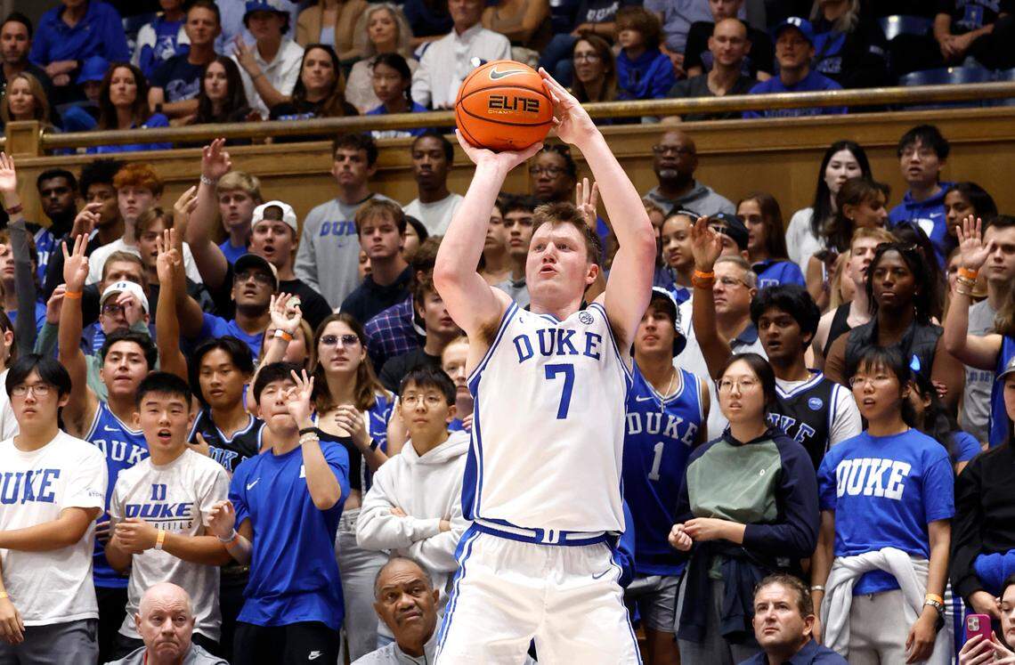 Duke’s Kon Knueppel (7) hits a three-pointer during the first half of Duke’s exhibition game against Lincoln (Pa) University at Cameron Indoor Stadium in Durham, N.C., Saturday, Oct. 19, 2024.