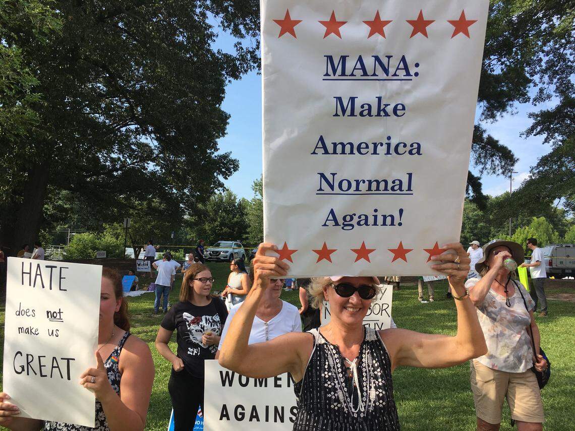 Cindy Elmore, who teaches journalism at East Carolina University, was among demonstrators near President Donald Trump’s rally in Greenville, North Carolina on July 17, 2019.