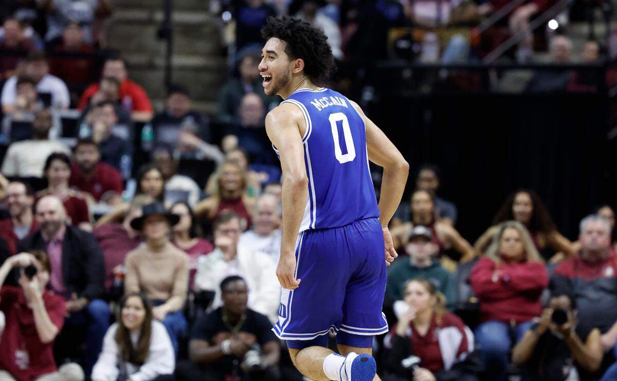 Duke’s Jared McCain (0) celebrates after hitting a three-pointer during the second half of Duke’s 76-67 victory over Florida State University at the Tucker Center in Tallahassee, Fla. Sat. February 17, 2024.