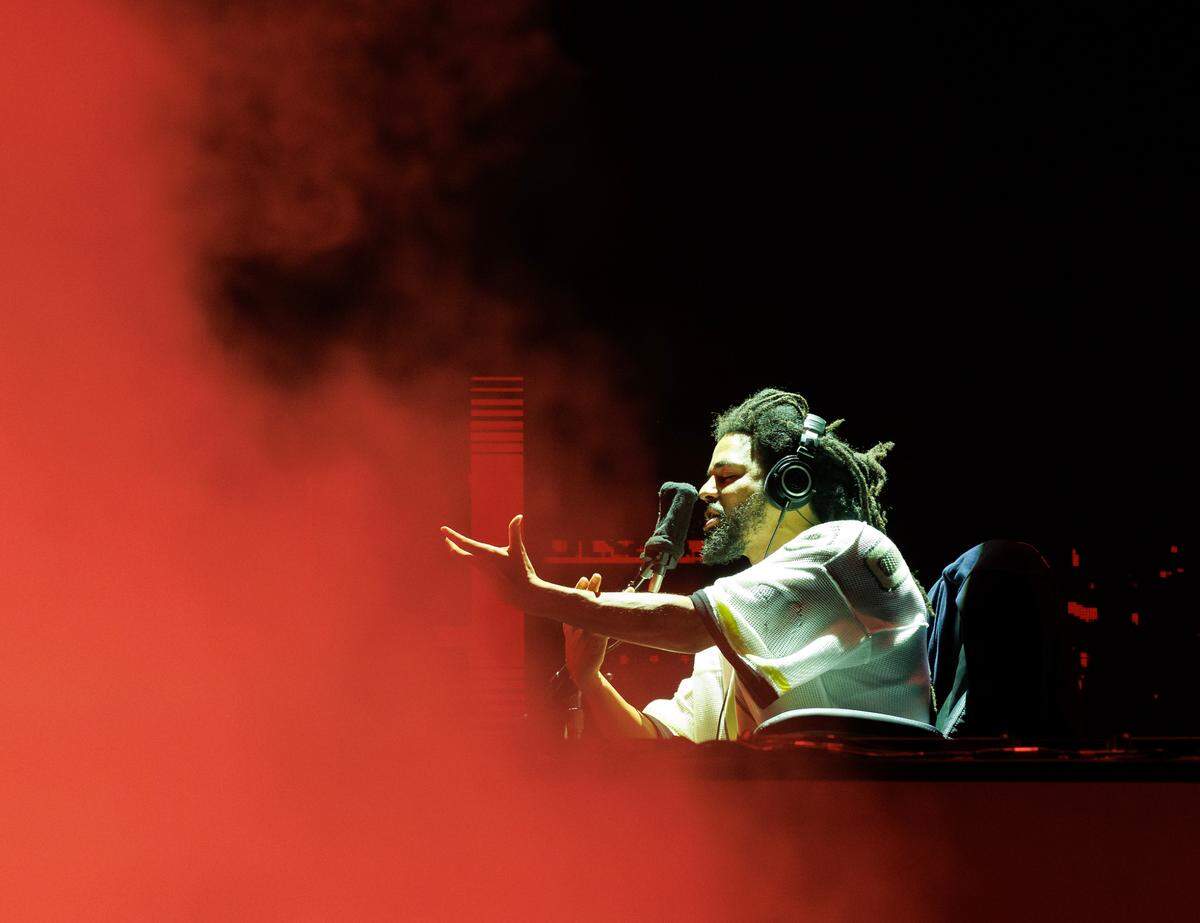 J. Cole performs during the fifth Dreamville Festival on Sunday, April 6, 2025, at Dorothea Dix Park in Raleigh, N.C.