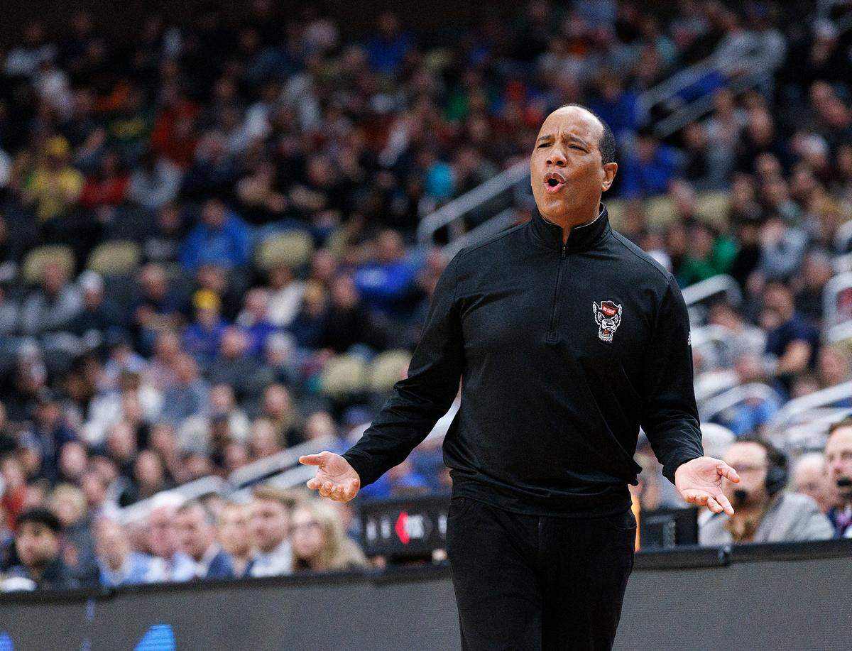 N.C. State head coach Kevin Keatts reacts on the sidelines during the first half of the Wolfpack’s NCAA Tournament second round game against Oakland on Saturday, March 23, 2024, at PPG Paints Arena in Pittsburgh, Pa.