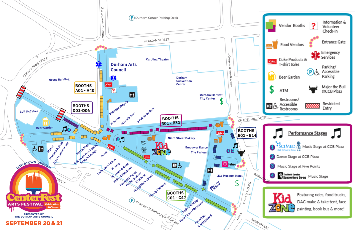 The Downtown Durham loop will be closed on Sept. 20 and 21 for CenterFest. The arts festival features dozens of artists, vendors, performers and activities.