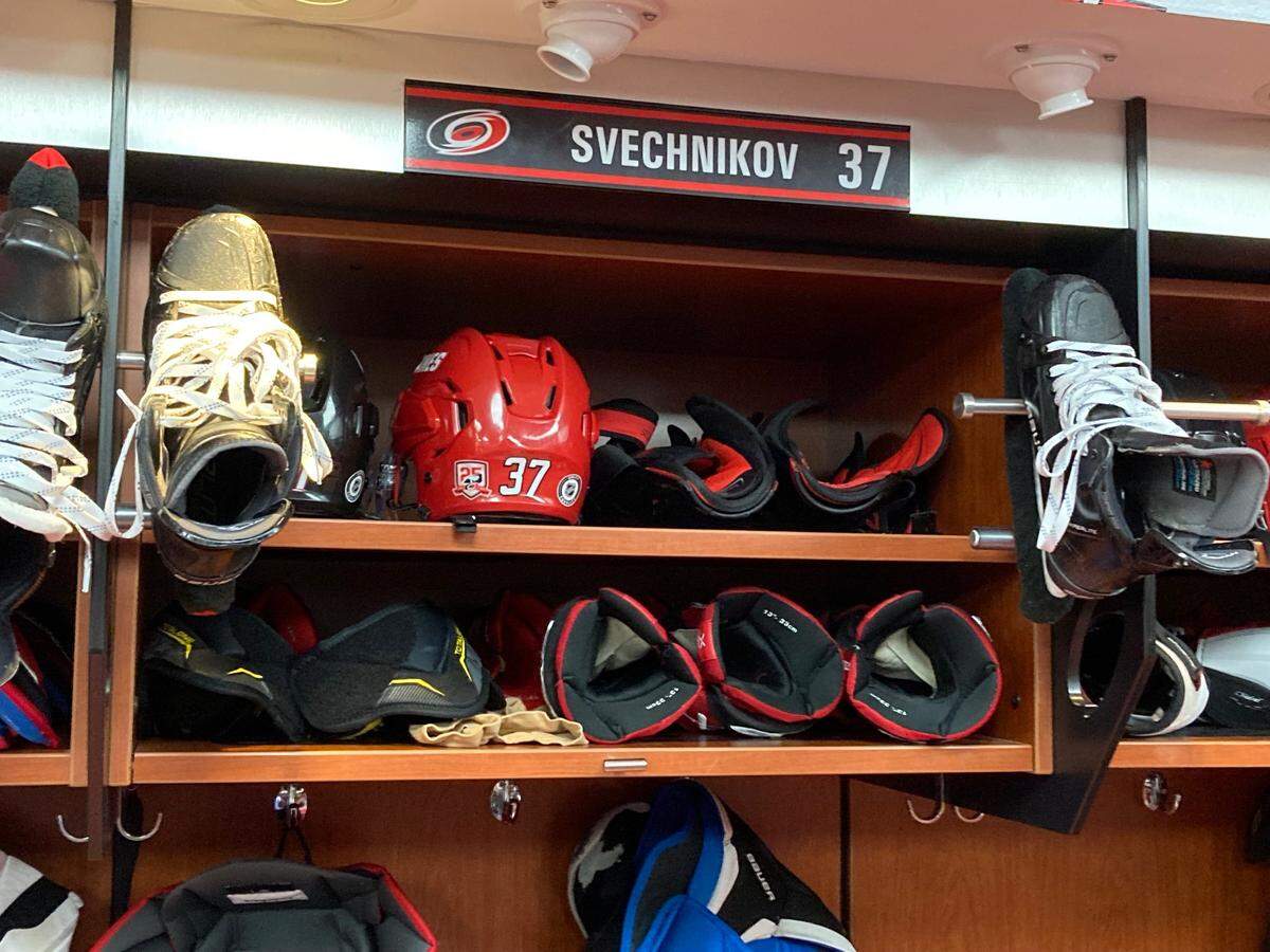 The PNC Arena locker of Carolina Hurricanes forward Andrei Svechnikov, who will miss the remainder of the 2022-23 season after knee surgery.