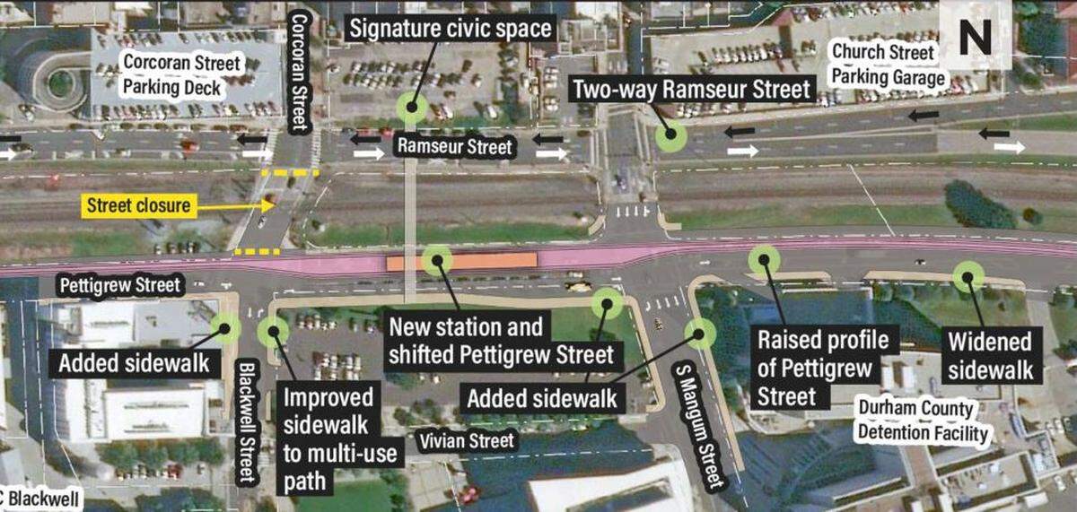 Proposed Durham-Orange Light Rail Transit plan refinements for downtown Durham stops, including a stop at Blackwell/Mangum streets and the closing of Blackwell Street.