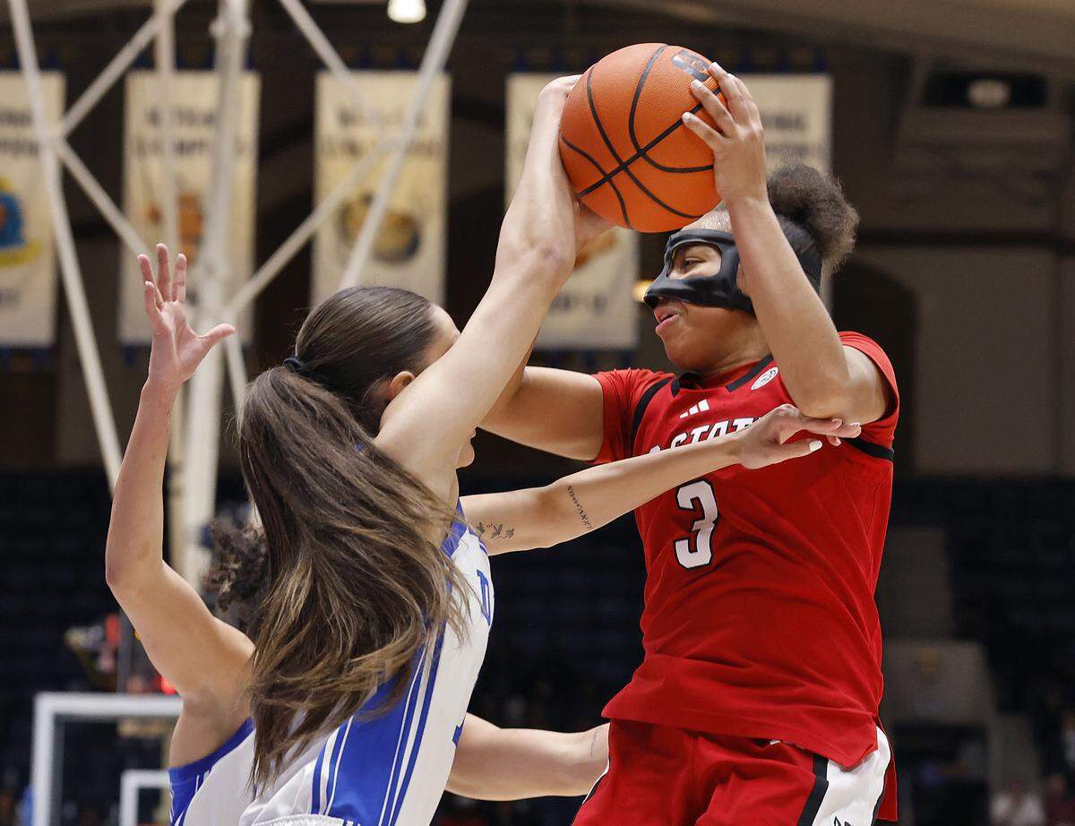 Duke’s Jordan Wood pressures N.C. State’s Zamareya Jones during the first half of the Blue Devils’ 83-65 win on Thursday, Feb. 19, 2026, at Cameron Indoor Stadium in Durham, N.C. 