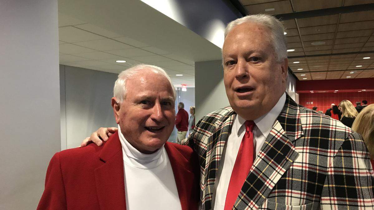 Bobby Purcell, right, who served as Wolfpack Club executive director since 1991, has been succeeded by Ben Broussard. At left is former NCSU basketball star Lou Pucillo.