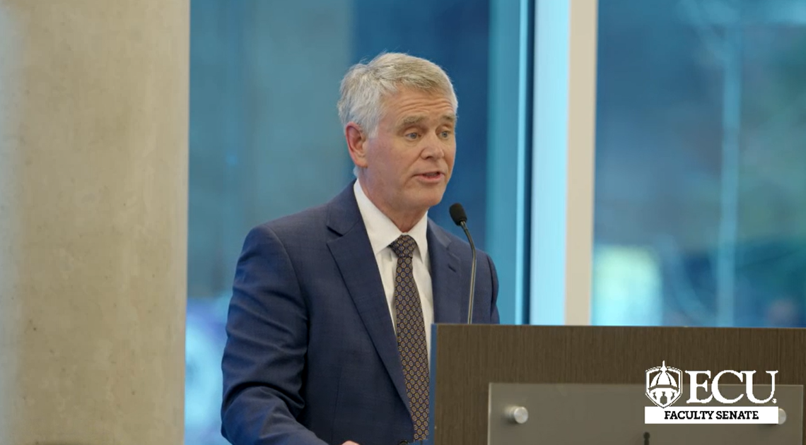 Chris Buddo, interim provost of East Carolina University, speaks at a Faculty Senate meeting on Feb. 25, 2025.