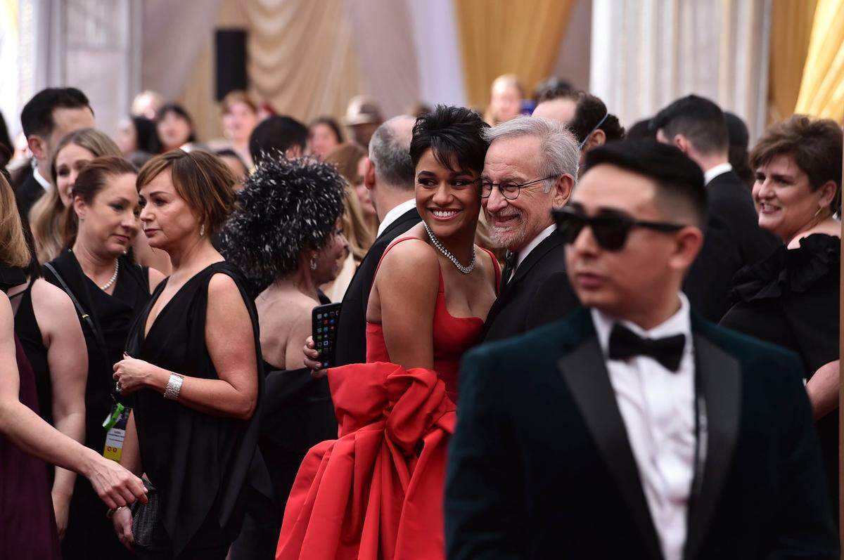 Ariana DeBose, left, and Steven Spielberg arrive at the Oscars on Sunday, March 27, 2022, at the Dolby Theatre in Los Angeles. (Photo by Jordan Strauss/Invision/AP)